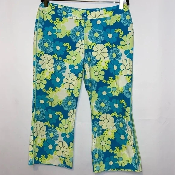Lilly Pulitzer Green Blue Floral Retro Pants Size 2 - Picture 1 of 9